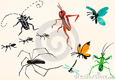 Many insects hand painted on cream colored paper Stock Photo
