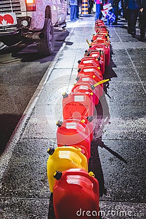 Many Jerry Cans of Fuel on the Ground during Freedom Convoy Protest in Ottawa Editorial Stock Photo