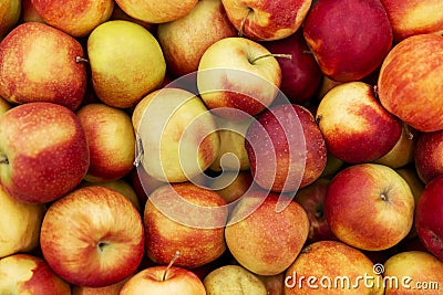 Many juicy bright apples on the market. View from above. Close-up. Background Stock Photo