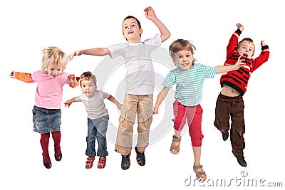 Many jumping children on white Stock Photo