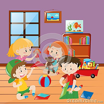 Many kids folding paper craft in the room Cartoon Illustration