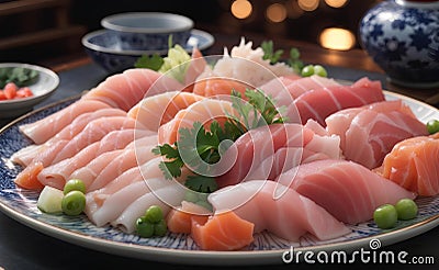 Many kind of Japanese sashimi on ceramic plate Stock Photo