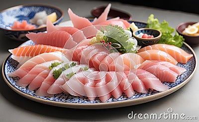 Many kind of Japanese sashimi on ceramic plate Stock Photo