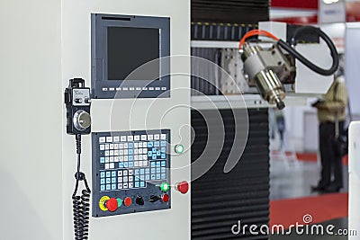 Many kind switch button and turns dial with monitor of control panel for adjust parameter cnc lathe machine or machining center Stock Photo