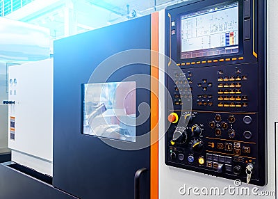 Many kind switch button and turns dial with monitor of control panel for adjust parameter cnc lathe machine or machining center fo Stock Photo