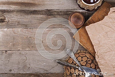 Many kitchen items fork knives on wooden photo Top view Stock Photo