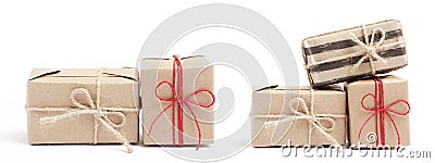 Many Kraft stylish christmas gift boxes Stock Photo