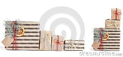 Many Kraft stylish christmas gift boxes isolated on white background Stock Photo