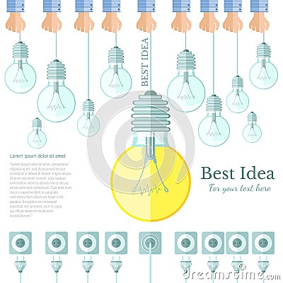 Many lamp or lightbulb light off and only one light on with plug and socket Idea flat background Vector Illustration