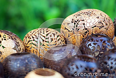 Many lamps carved from a coconut tree Stock Photo