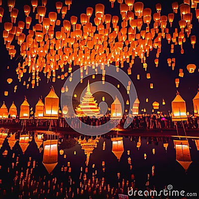 Many Lanterns illuminating the nights sky Stock Photo
