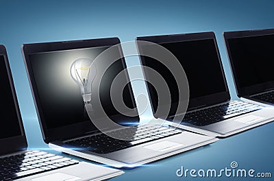 Many laptop computers with blank black screens Stock Photo