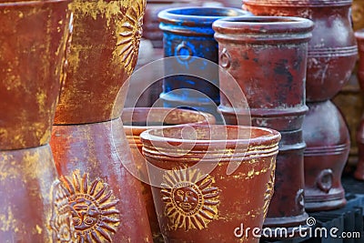 Many large colorful flowering plant pots. Stock Photo