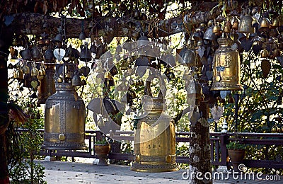 Many large and small bells are tied to a tree at the Buddhist Wat Phrathat Doi Tung. Chiang Rai province. Thailand. Stock Photo