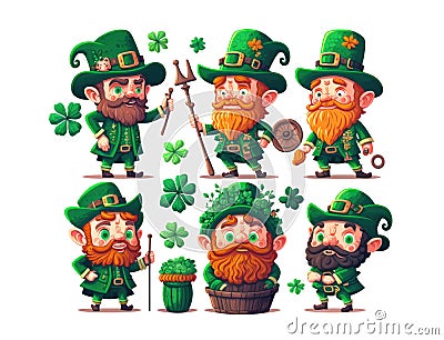 Many Leprechauns in green suit with red beard on a white background. Funny main character of Irish festivity. Saint Patrick day, Stock Photo