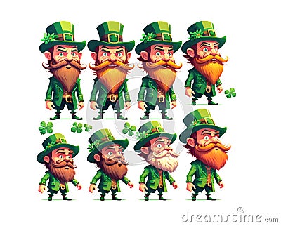 Many Leprechauns in green suit with red beard on a white background. Funny main character of Irish festivity. Saint Patrick day, Stock Photo