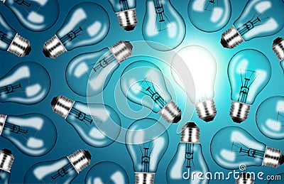 Many Lightbulbs on Blue Background - Ideas and Creativity Concept Stock Photo