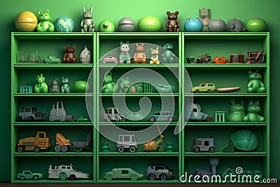 Many little green objects arranged neatly in rows on shelves, collection of weird little funny objects, generative AI Stock Photo