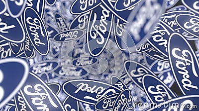 Many logos of FORD. Editorial 3D rendering background Editorial Stock Photo