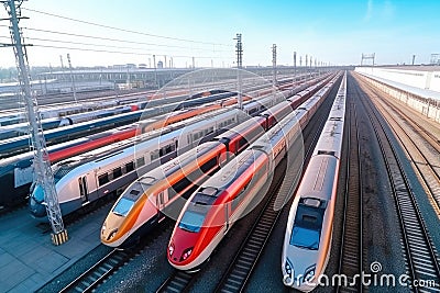 many long high-speed trains stand on the platform of the railway station, top view Stock Photo