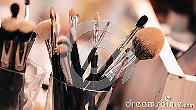 Many Makeup Brushes on Blurred Background, Closeup Beauty Parlour Equipment  Cosmetics and Beauty Concept Bride Mgetting Ready Stock Video - Video of  equipment, glamour: 186941993