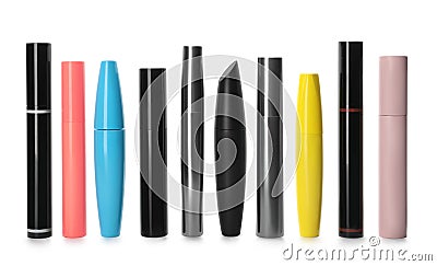 Many mascaras for eyelashes on white background. Makeup product Stock Photo