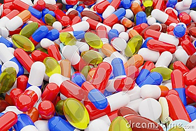 Many medical pills and tablets, realistic 3d Rendering, large amount of medicine supply Stock Photo