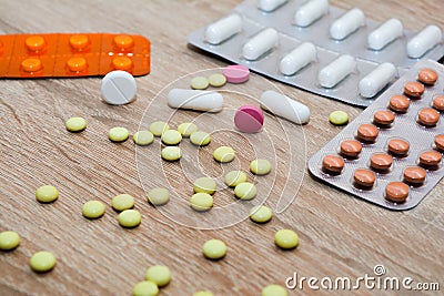 Many medications are desk - tablets, capsules, blister. Medicine Stock Photo
