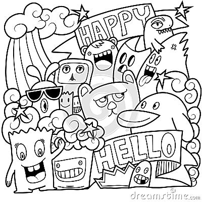 Hand drawn doodle many monsters with ribbons hello and happy Stock Photo