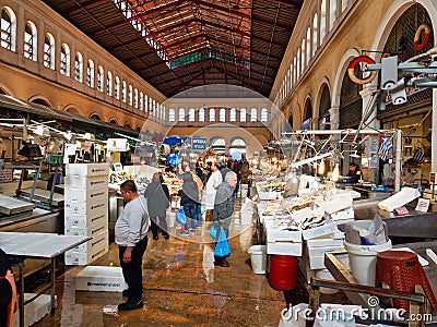 Many Morning Shoppers in the Central Athens Fish Markets, Greece Editorial Stock Photo