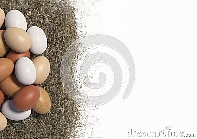 Many multi colored chicken eggs lie in bulk on a haystack on white background. Copy space. Top view. 3D render. Stock Photo