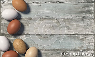Many multi colored chicken eggs lie randomly on the old board with shabby paint. Copy space. Top view. 3D render. Stock Photo