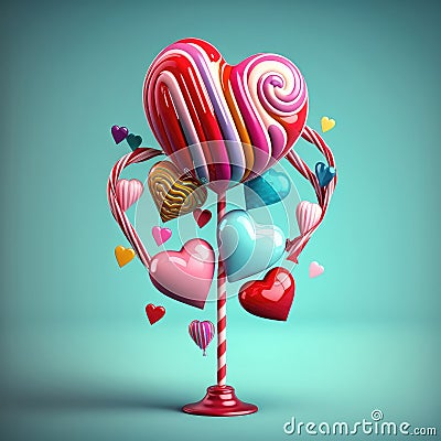 many multi-colored hearts on a stand on a green background. Stock Photo