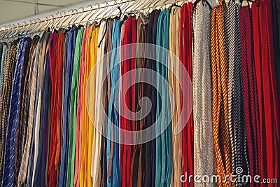 Many multi-colored laces in the storefront Stock Photo