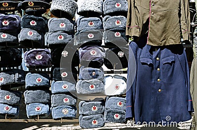 Many multi-colored military hats Soviet and Russian army Stock Photo