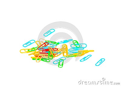 Many multi-colored paper clips on white isolated background. Stock Photo