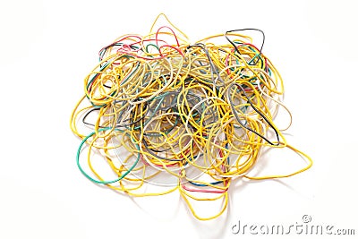 Many multi-colored rubber bands for money on a white background, isolate. Stationery concept Stock Photo