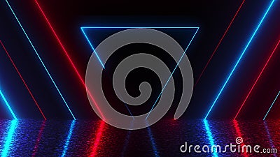 Many neon triangles in space, abstract computer generated backdrop, 3D render Stock Photo