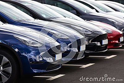 many new tesla cars in a row Editorial Stock Photo