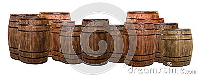 Many oak barrels cask group isolated on a white background, exposure and bring the taste of wine Stock Photo