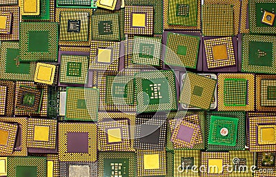 Many old CPU chips and obsolete computer processors as background Stock Photo