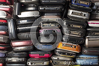 Many old mobile phones are technologically outdated, and some spare parts Stock Photo