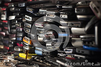 Many old mobile phones are technologically outdated, and some spare parts Stock Photo