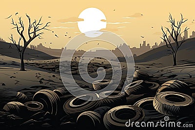 many old tire garbage in landscape AI generated Cartoon Illustration