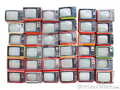 Many old vintage televisions pile up isolated on white background with clipping path Stock Photo