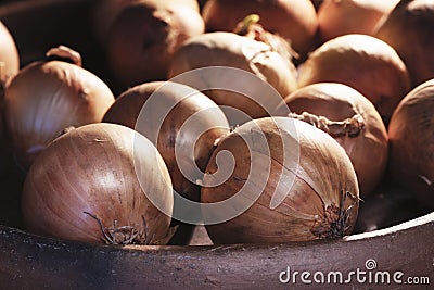 Many onion bulbs raw cuisine tasty delicious golden vegan rich aroma sweet Stock Photo