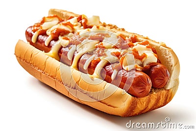 Many Onion Many Cheese French Double Hot Dog On A White Background. Generative AI Stock Photo