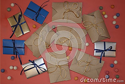 Many packaged gifts lie Stock Photo