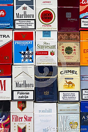 Many packs of different cigarettes photographed with top view flat lay composition on March 25, 2017 in Prague, Czech republic. Editorial Stock Photo