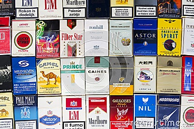 Many packs of different cigarettes photographed with top view flat lay composition on March 25, 2017 in Prague, Czech republic. Editorial Stock Photo